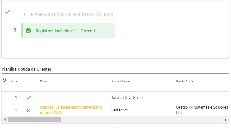 Importar Planilha de Cliente - resultado