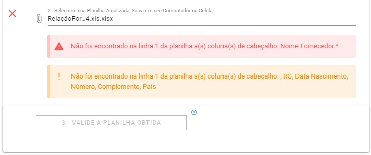 Importar Planilha de Fornecedor - alerta