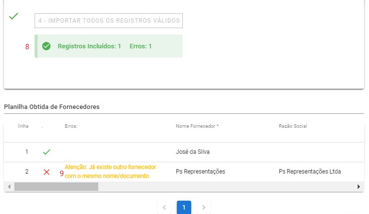 Importar Planilha de Fornecedor - resultado