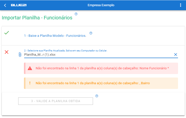 Importar Planilha de Funcionário - alerta