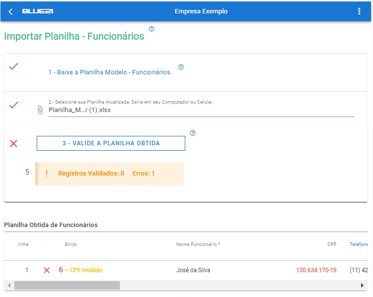 Importar Planilha de Funcionário - validar