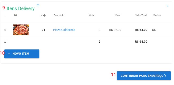 Novo Pedido Delivery - itens