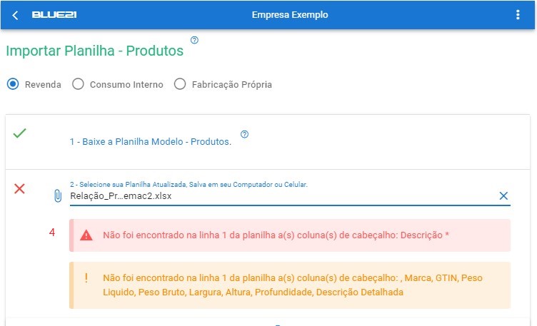 Importar Planilha de Produto - alerta