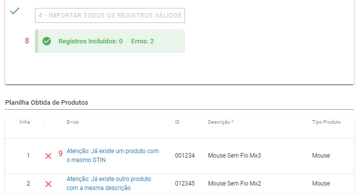 Importar Planilha de Produto - resultado