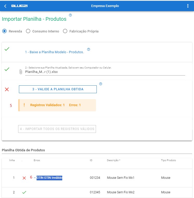 Importar Planilha de Produto - validar