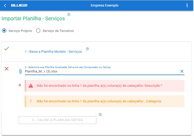 Importar Planilha de Serviço - alerta