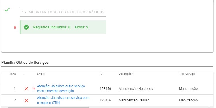 Importar Planilha de Serviço - resultado