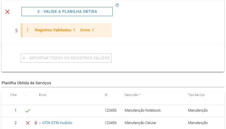 Importar Planilha de Serviço - validar