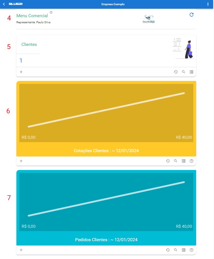O Representante no app blue21 - Menu