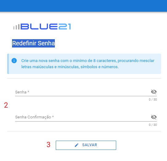 O Representante no app blue21 - senha